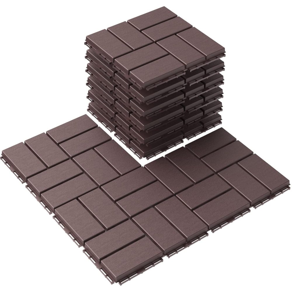 Plastic Interlocking Deck Tiles, 9 Pack Outdoor Patio Flooring, 12"x12" Interlocking Decking Tile Outdoor All Weather Use, Waterproof Patio Pavers for Pool Balcony Backyard Porch, Dark Brown