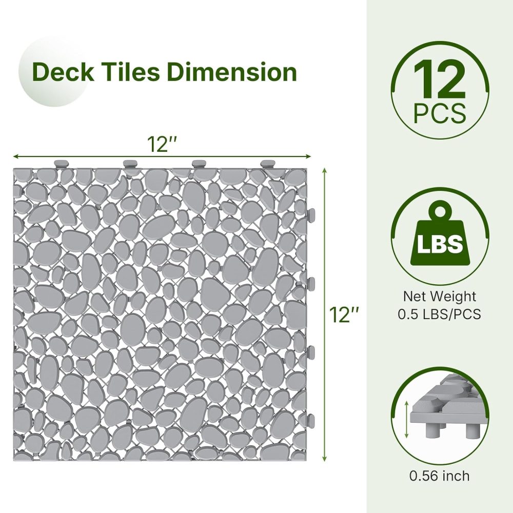 12PCS Plastic Interlocking Deck Tiles, 12"x12" Plastic Deck Tiles Outdoor All Weather, Non-Slip Drainage Plastic Floor Tiles, Waterproof Tile for Patio Bathroom Balcony Backyard, Pebble Gray - Image 2