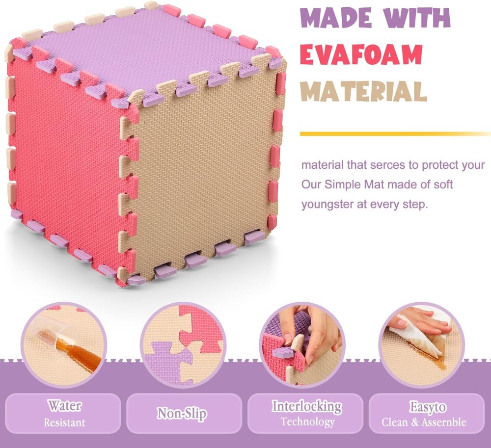 60 PCS Kids Foam Puzzle Floor Mat Bulk - Solid Color Foam Play Mat with Borders Interlocking Multi Use Floor Rug for Children, 12 Inch(Pink, Beige, Purple) - Image 2