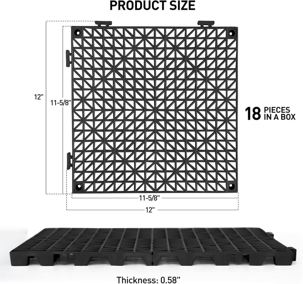 18 Pack 12" x 12" Modular Interlocking Floor Mats, Soft PVC Non-Slip Drainage Tiles, Splicing Rubber Cushion Flooring for Deck, Shower, Pool, Basement, Shed, Indoor and Outdoor Use - Image 2