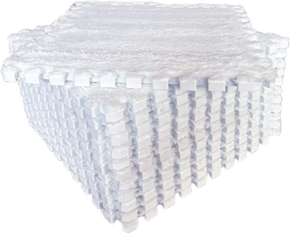 12pcs Tiled Puzzle Play Mats Interlocking Shaggy Soft EVA Foam Mats Protective Floor for Children Kids Room Home Parlor Bedroom White Anti-Fatigue - Image 2
