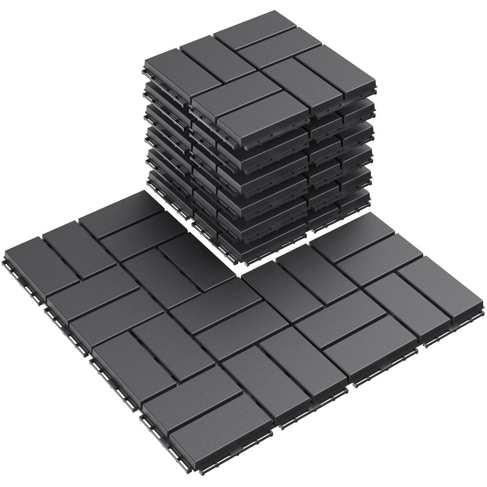 Plastic Interlocking Deck Tiles, 9 Pack Outdoor Patio Flooring, 12"x12" Interlocking Decking Tile Outdoor All Weather Use, Waterproof Patio Pavers for Pool Balcony Backyard Porch, Dark Grey
