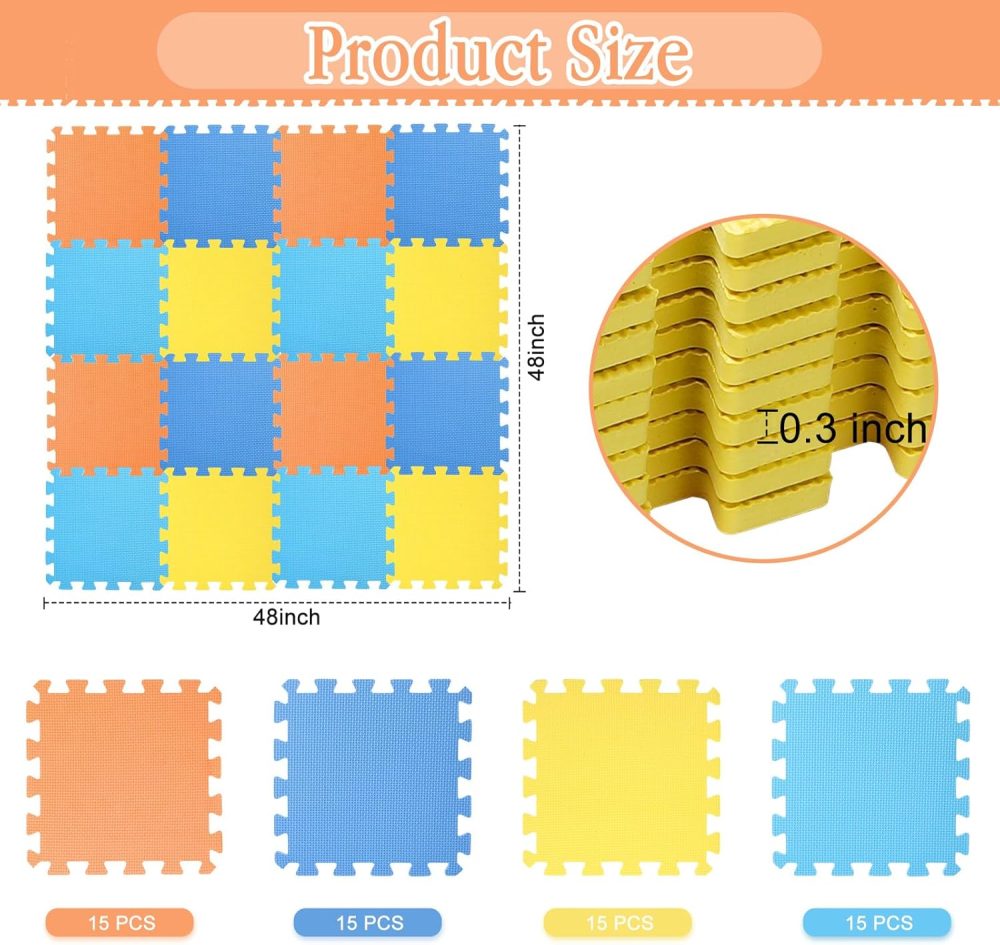 60 PCS Kids Foam Puzzle Floor Mat Bulk - Solid Color Foam Play Mat with Borders Interlocking Multi Use Floor Rug for Children, 12 Inch(Dark Blue, Light Blue, Orange, Yellow) - Image 2