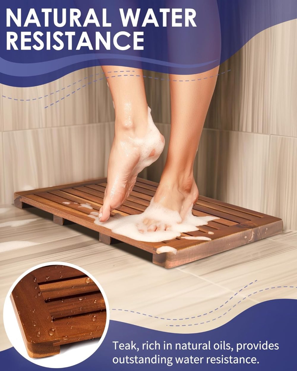Teak Shower Mat, 24 x 18 inch Wood Bath Mat for Inside Shower, Premium Wooden Shower Floor Mat, Teak Wood Bath Mat for Bathroom Spa & Outdoor Use - Image 2