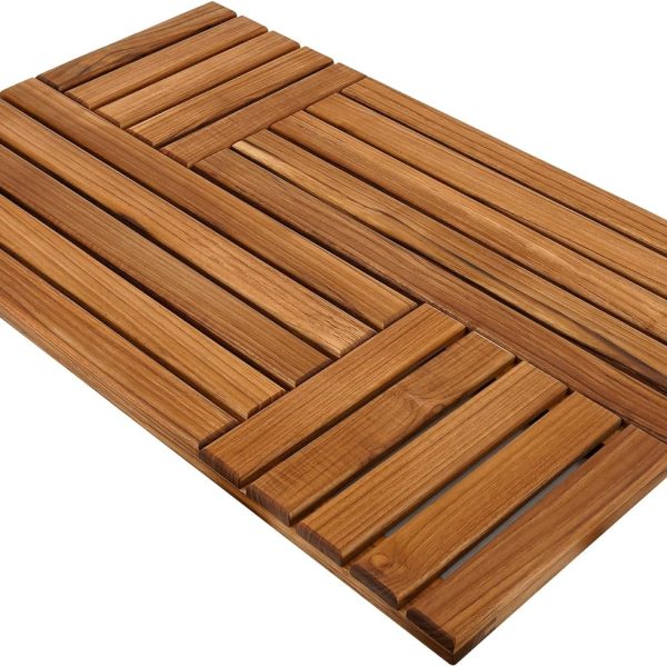 Teak Wood Bath Mat, 32 x 20 inch Large Wooden Shower Mat for Bathroom, Non Slip Wood Floor Sturdy Mat for Inside Shower Luxury Spa Home or Outdoor