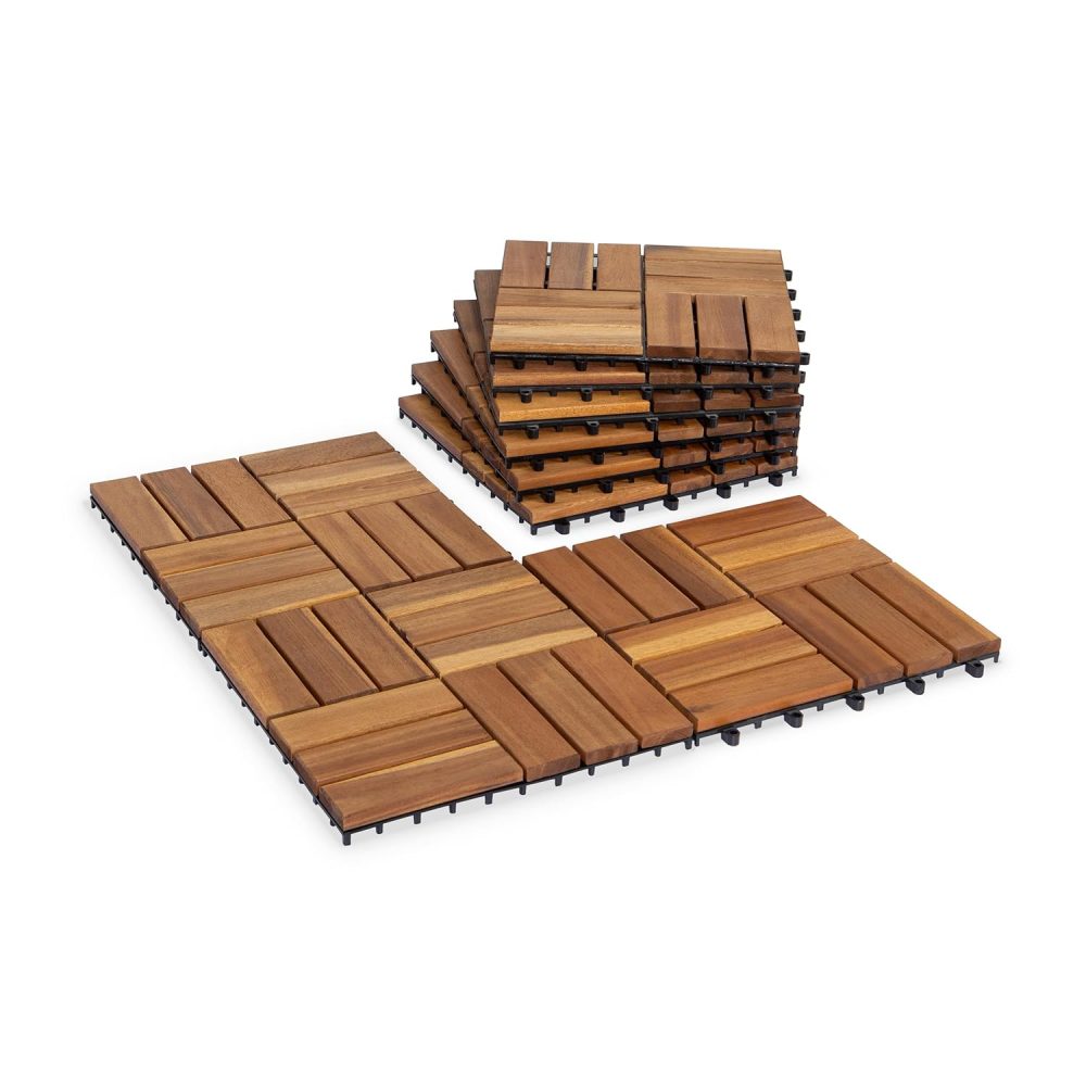 Acacia Wood Decking Tiles 9PCS - Easy Snap Interlocking Deck Tiles for Patio Poolside Balcony - All Weather Waterproof Flooring for Indoor & Outdoor (Round Joints)