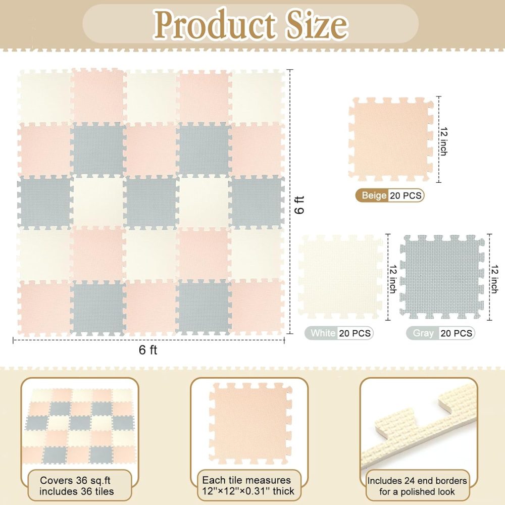 60 PCS Kids Foam Puzzle Floor Mat Bulk - Solid Color Foam Play Mat with Borders Interlocking Multi Use Floor Rug for Children, 12 Inch(White, Cream, Gray) - Image 2