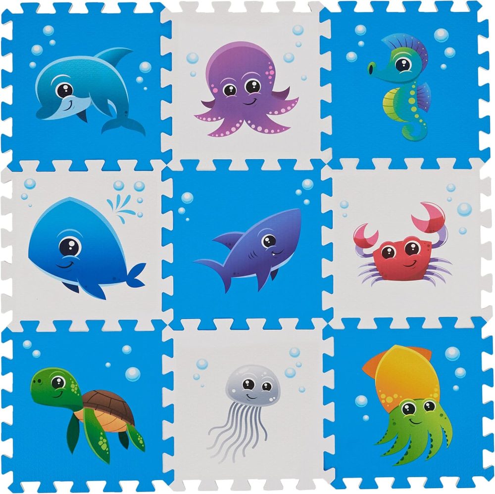 Puzzle Play Mat, Foam Floor Tiles, Children’s Foam Puzzle Mat Baby Floor Play Mat 34×34 Inches Sea World 9 Pieces, Edge Tooth A