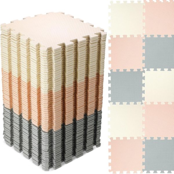60 PCS Kids Foam Puzzle Floor Mat Bulk - Solid Color Foam Play Mat with Borders Interlocking Multi Use Floor Rug for Children, 12 Inch(White, Cream, Gray)