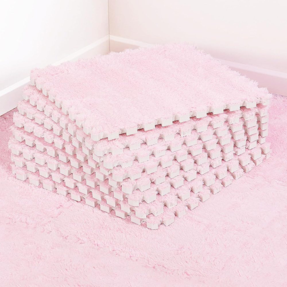 12 pcs Thickened Foam Interlocking Floor Mats, Fluffy Plush Mats for Baby with Edgings, Soft Anti-Slip Puzzle Area Rug Playmat, Square Tiles Room Flat (11.8 in, Pink)