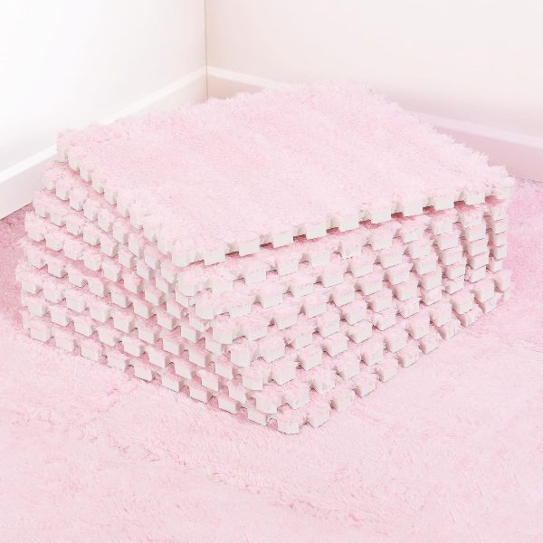12 pcs Thickened Foam Interlocking Floor Mats, Fluffy Plush Mats for Baby with Edgings, Soft Anti-Slip Puzzle Area Rug Playmat, Square Tiles Room Flat (11.8 in, Pink)
