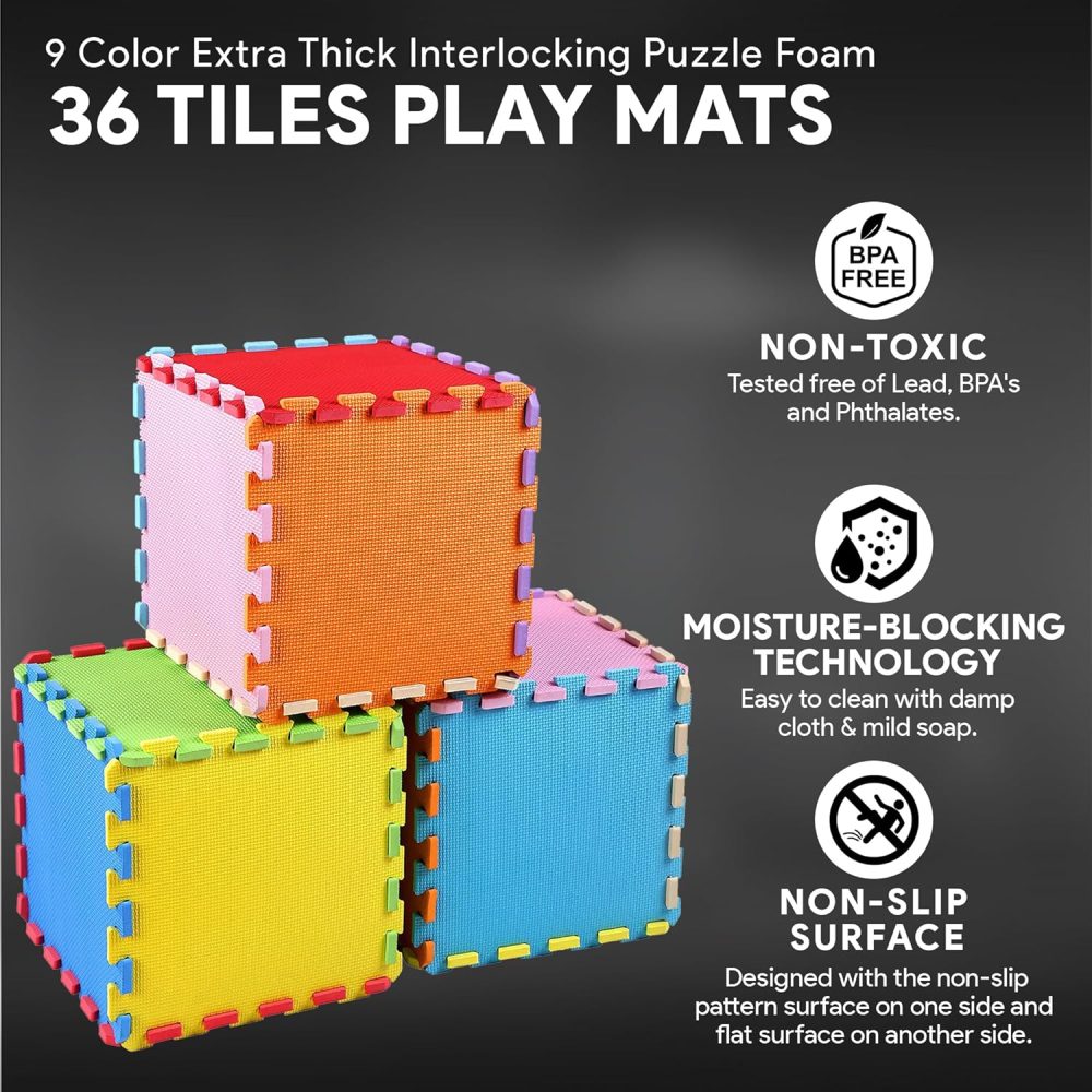 Foam Floor Tiles for Kids - Non-Toxic Comfortable Baby Play Mat and Interlocking Foam Tiles for Crawling & Development, Soft Play Mat for Babies, 36 Tiles Cover 36 SQ SF - Image 2