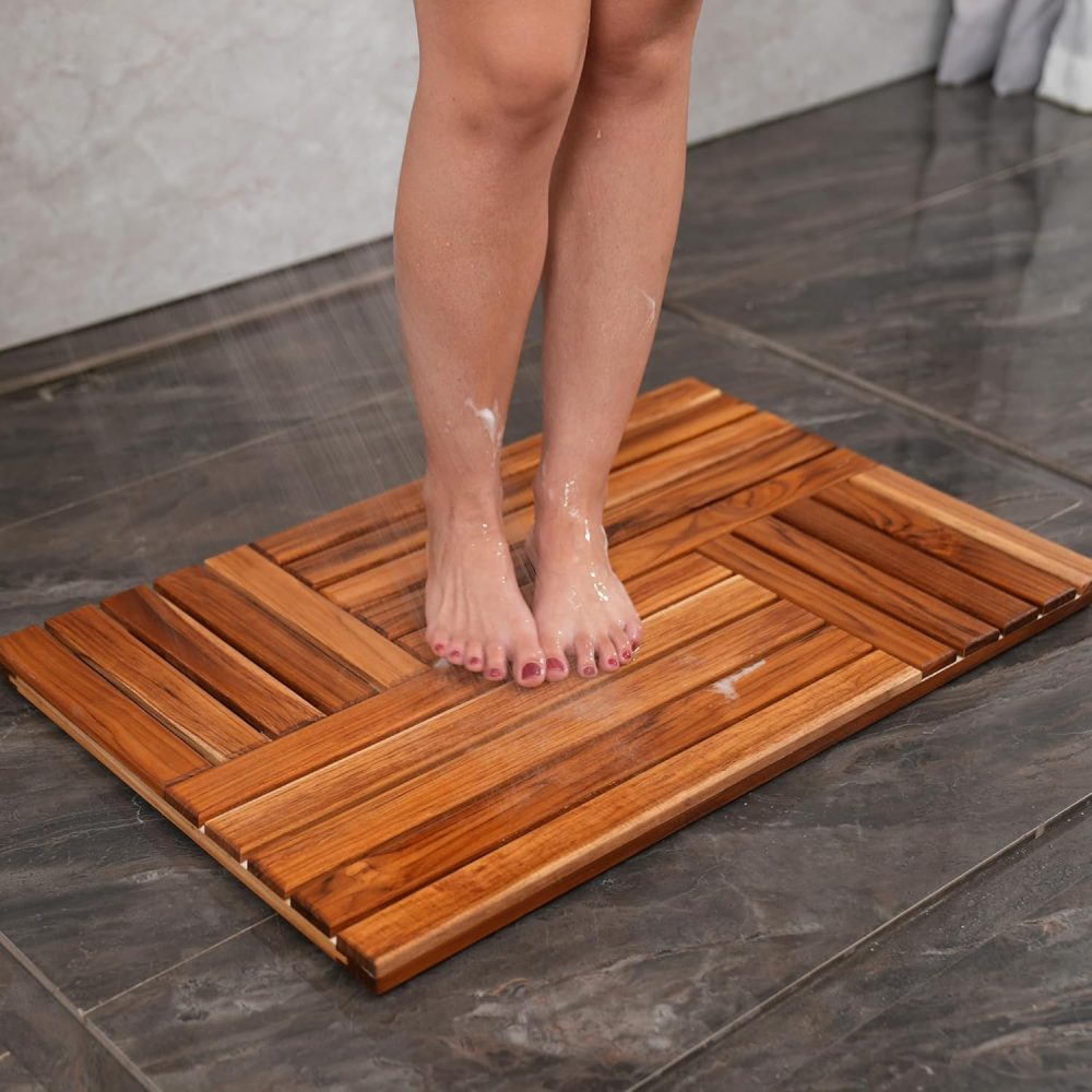 Teak Wood Bath Mat, 32 x 20 inch Large Wooden Shower Mat for Bathroom, Non Slip Wood Floor Sturdy Mat for Inside Shower Luxury Spa Home or Outdoor - Image 2