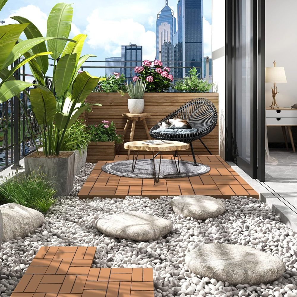 Plastic Interlocking Deck Tiles, 9 Pack Outdoor Patio Flooring, 12"x12" Interlocking Decking Tile Outdoor All Weather Use, Waterproof Patio Pavers for Pool Balcony Backyard Porch, Khaki - Image 2