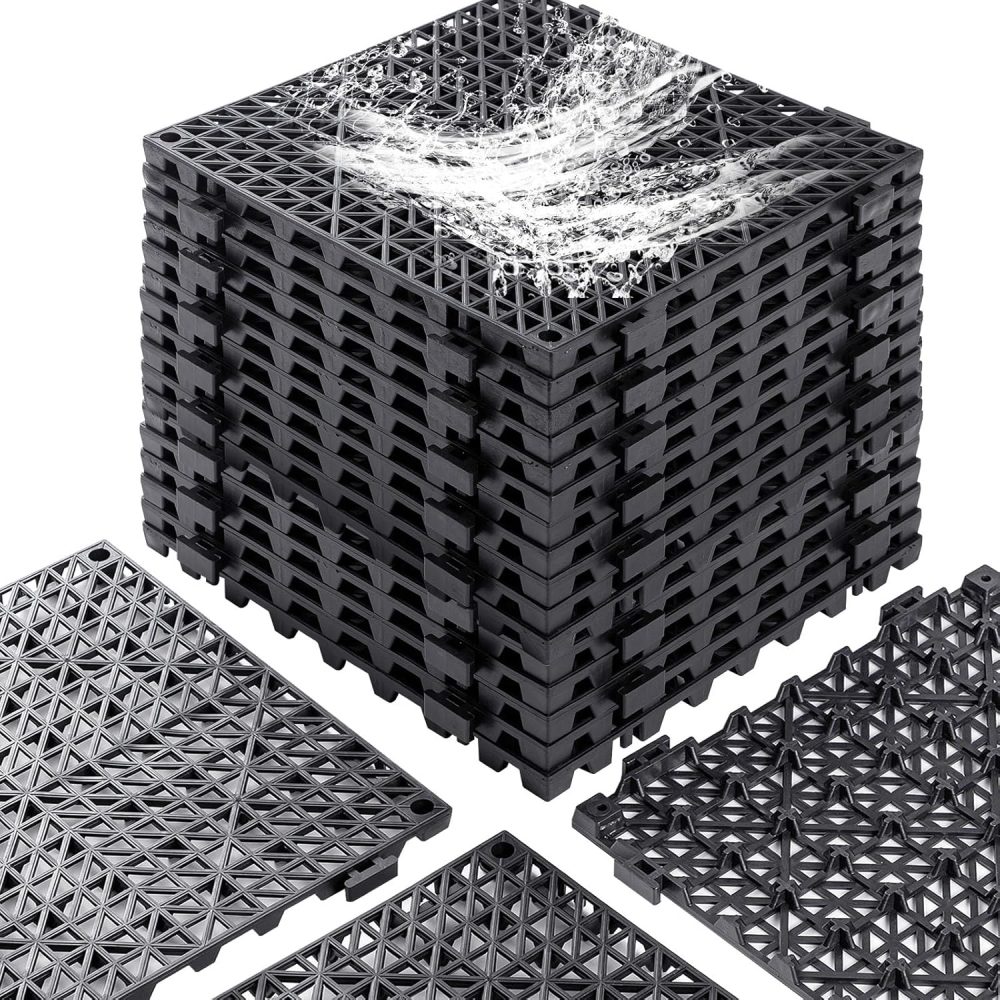 12” x 12” Drainage Interlocking Floor Tiles, 12 Pack Non-Slip Pool Deck Drain Mats for Flooring, Soft PVC Splicing Modular Cushion Mats, Rubber Floor Tiles with Holes for Shower Basement Garage Shed