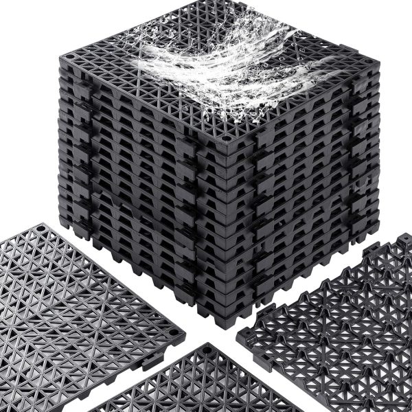 12” x 12” Drainage Interlocking Floor Tiles, 12 Pack Non-Slip Pool Deck Drain Mats for Flooring, Soft PVC Splicing Modular Cushion Mats, Rubber Floor Tiles with Holes for Shower Basement Garage Shed