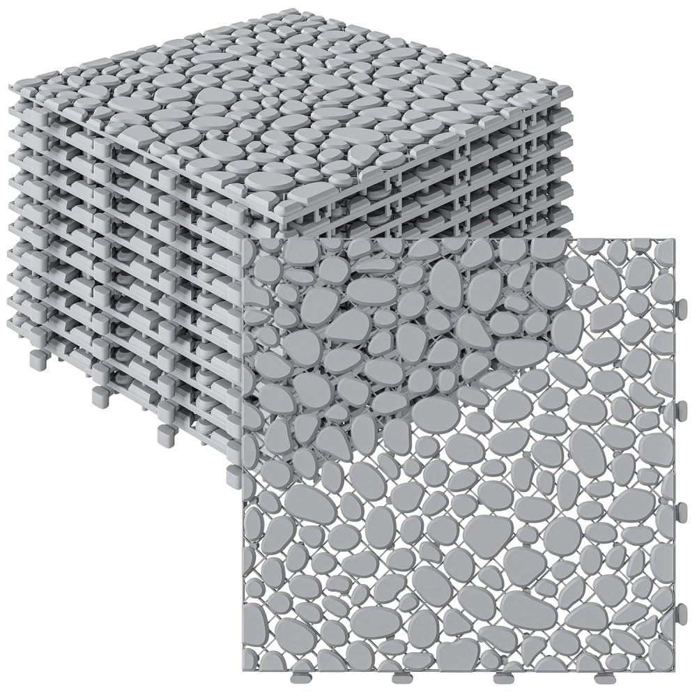 12PCS Plastic Interlocking Deck Tiles, 12"x12" Plastic Deck Tiles Outdoor All Weather, Non-Slip Drainage Plastic Floor Tiles, Waterproof Tile for Patio Bathroom Balcony Backyard, Pebble Gray