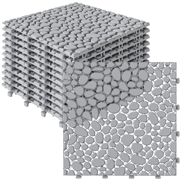12PCS Plastic Interlocking Deck Tiles, 12"x12" Plastic Deck Tiles Outdoor All Weather, Non-Slip Drainage Plastic Floor Tiles, Waterproof Tile for Patio Bathroom Balcony Backyard, Pebble Gray