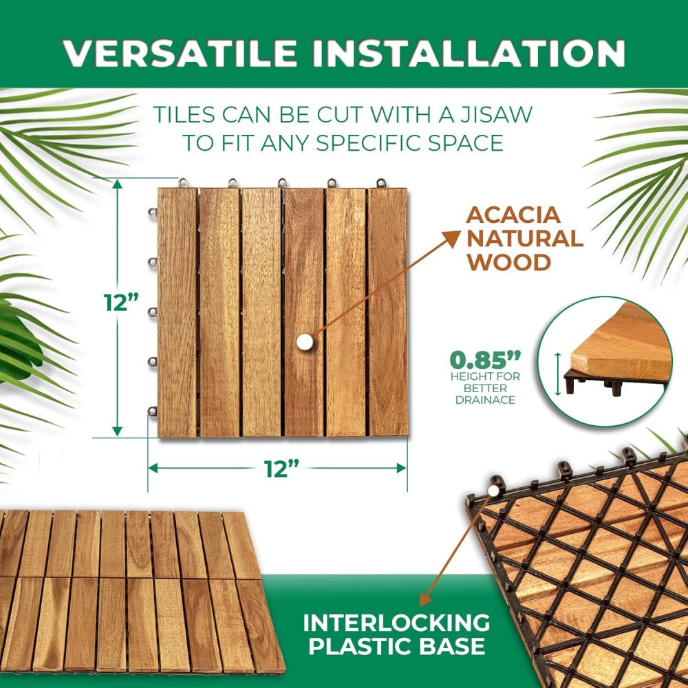 Solid Wood Interlocking Flooring Tiles (Pack of 10, 12" x 12"), Acacia Deck Tiles, Floor Tiles for Both Indoor and Outdoor Use, Waterproof All Weather 6 Slat (Pack of 10, Natural Color) - Image 2