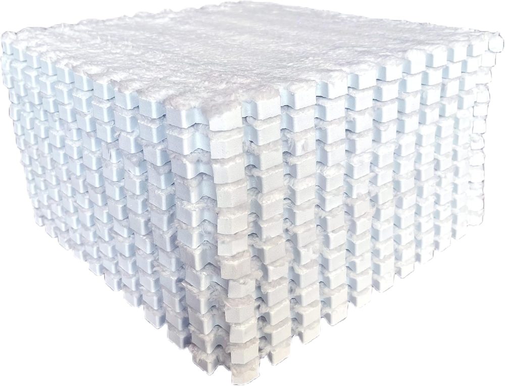 12pcs Tiled Puzzle Play Mats Interlocking Shaggy Soft EVA Foam Mats Protective Floor for Children Kids Room Home Parlor Bedroom White Anti-Fatigue