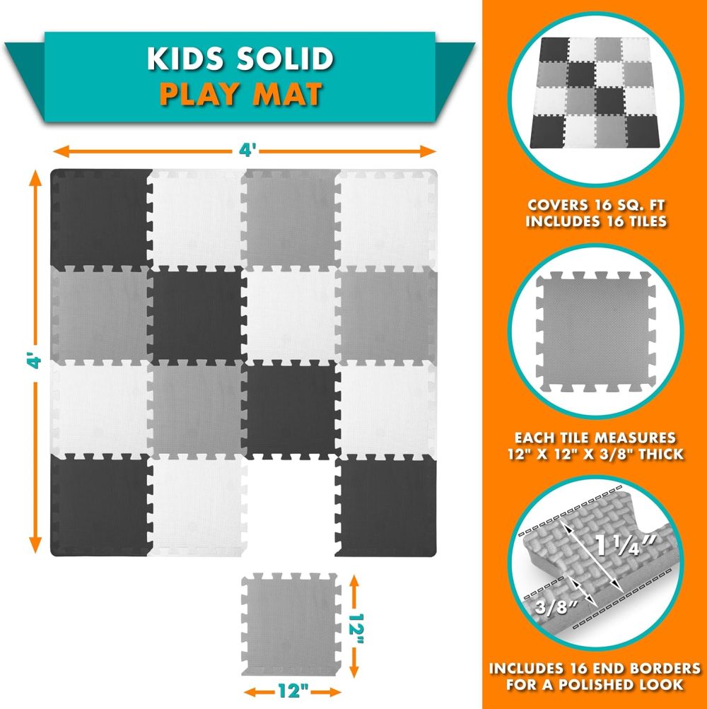 Foam Puzzle Floor Play Mat for Kids and Babies with Solid Colors, 36 or 16 Interlocking Tiles with Borders, Black/Grey/White - Image 2