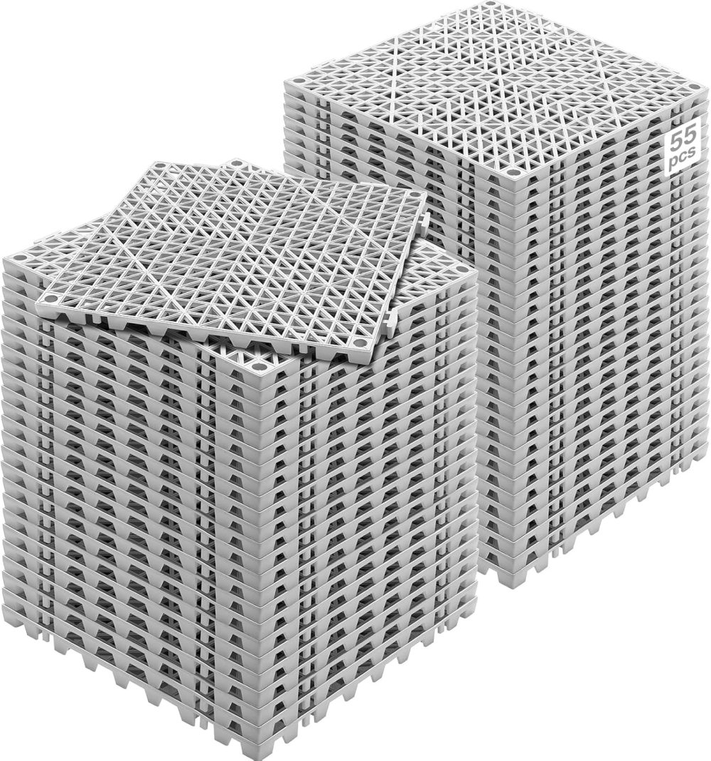 Interlocking Tile 55PCS, Drainage Tiles 12" x 12" Splicing, Soft PVC Interlocking Drainage Floor Tiles, Non-Slip Drainage Holes for Restroom, Bathroom, Kitchen, Pool, Wet Areas, Grey