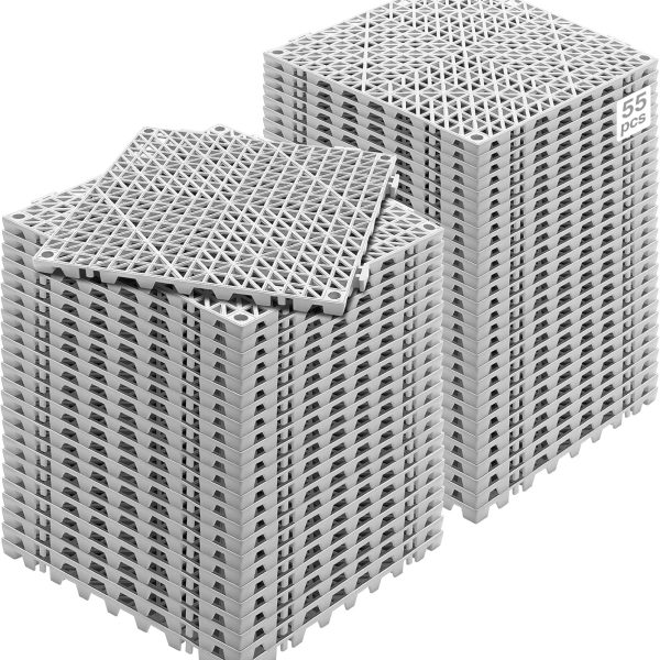 Interlocking Tile 55PCS, Drainage Tiles 12" x 12" Splicing, Soft PVC Interlocking Drainage Floor Tiles, Non-Slip Drainage Holes for Restroom, Bathroom, Kitchen, Pool, Wet Areas, Grey