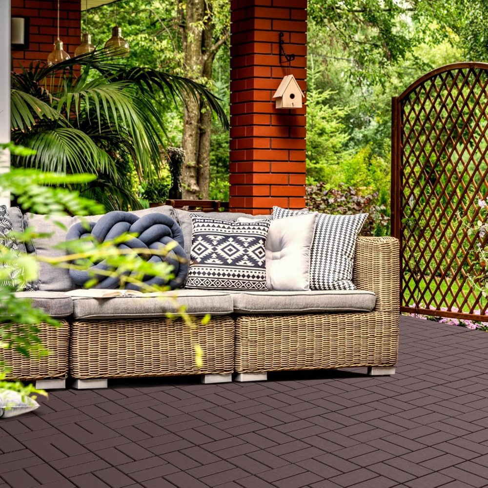 Plastic Interlocking Deck Tiles, 9 Pack Outdoor Patio Flooring, 12"x12" Interlocking Decking Tile Outdoor All Weather Use, Waterproof Patio Pavers for Pool Balcony Backyard Porch, Dark Brown - Image 2