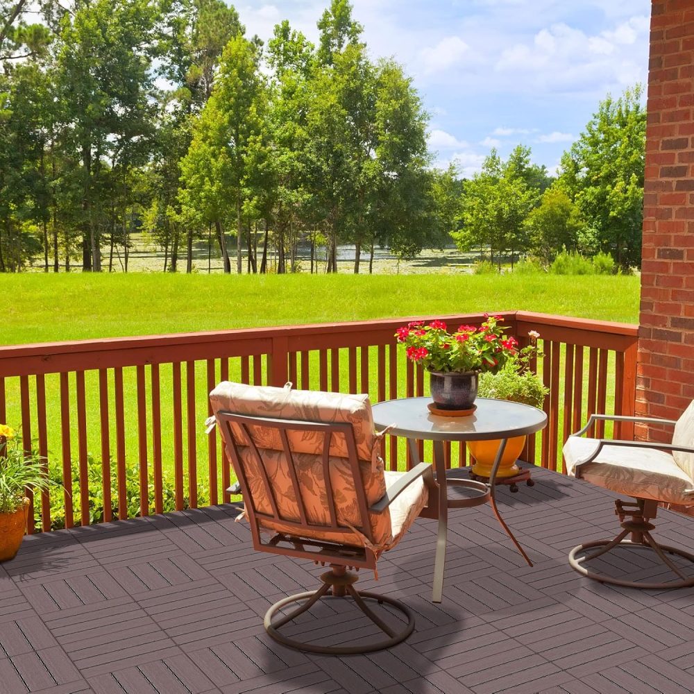 Plastic Interlocking Deck Tiles, 9 Pack Balcony Flooring, 12"x12" Waterproof Outdoor Flooring All Weather Use, Patio Floor Decking Tiles for Porch Poolside Backyard Concrete, Dark Brown - Image 2
