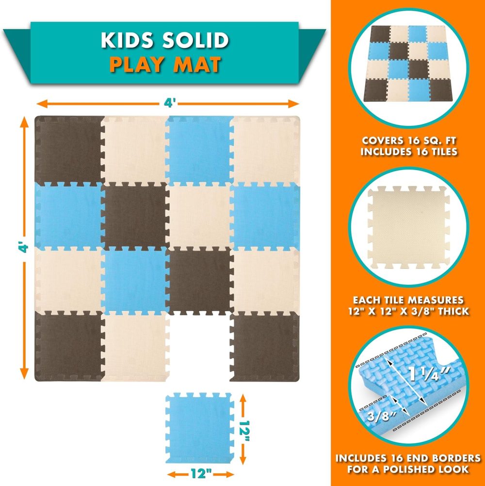 Foam Puzzle Floor Play Mat for Kids and Babies with Solid Colors, 36 or 16 Interlocking Tiles with Borders, Blue/Brown/Beige - Image 2