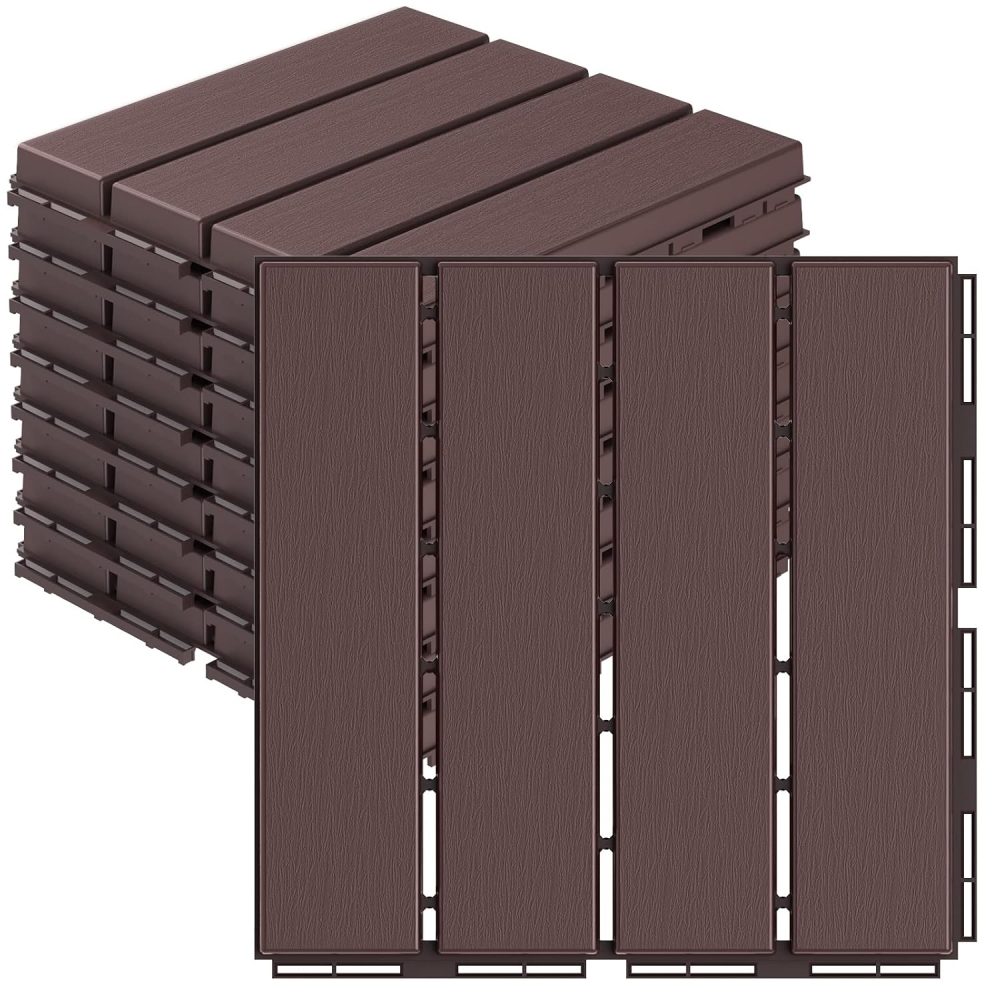 Plastic Interlocking Deck Tiles, 9 Pack Balcony Flooring, 12"x12" Waterproof Outdoor Flooring All Weather Use, Patio Floor Decking Tiles for Porch Poolside Backyard Concrete, Dark Brown