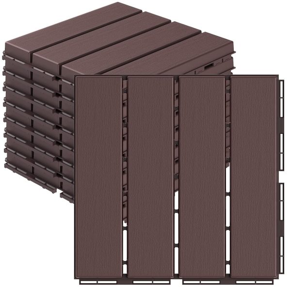Plastic Interlocking Deck Tiles, 9 Pack Balcony Flooring, 12"x12" Waterproof Outdoor Flooring All Weather Use, Patio Floor Decking Tiles for Porch Poolside Backyard Concrete, Dark Brown