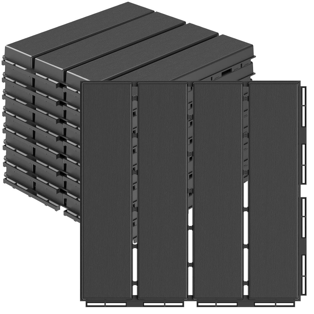 Plastic Interlocking Deck Tiles, 9 Pack , 12"x12" Waterproof Outdoor Flooring All Weather Use, Patio Floor Decking Tiles for Porch Poolside Balcony Backyard, Dark Grey