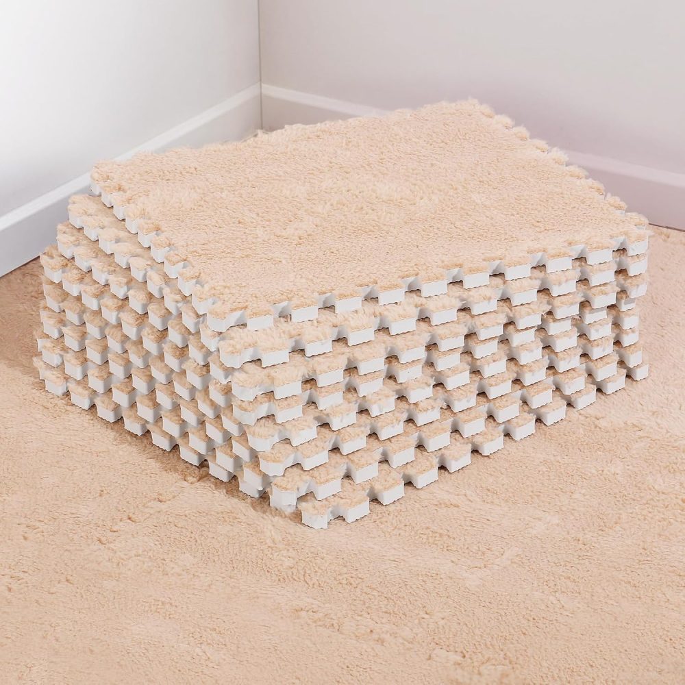 12 pcs Thickened Plush Foam Interlocking Floor Mat, Interlocking Foam Tiles with Edgings for Kids, Soft Anti-Slip Puzzle Area Square Rug Playmat for Children Room Bedroom(11.8", Light Brown)