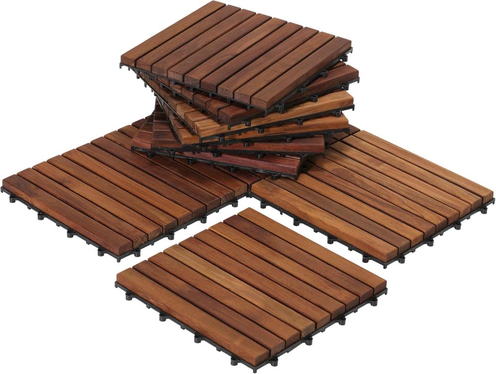 Interlocking Flooring Tiles in Solid Teak Wood Oiled Finish (Set of 10), Long 9 Slat