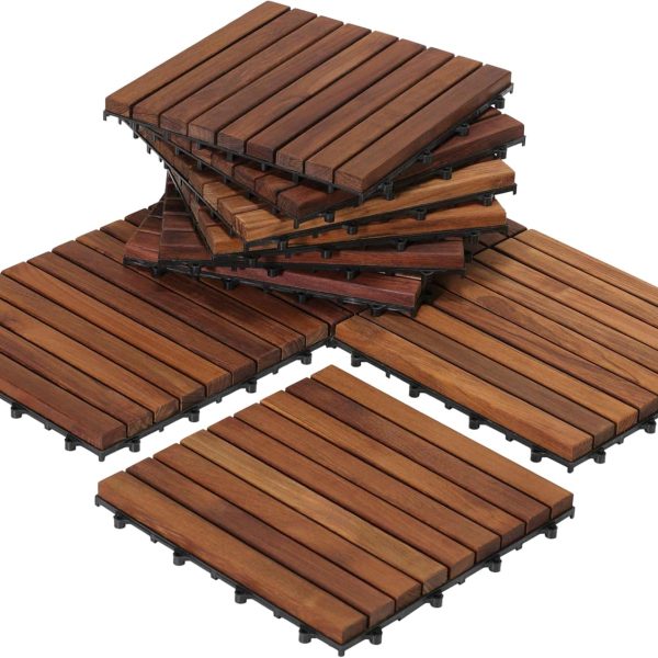 Interlocking Flooring Tiles in Solid Teak Wood Oiled Finish (Set of 10), Long 9 Slat