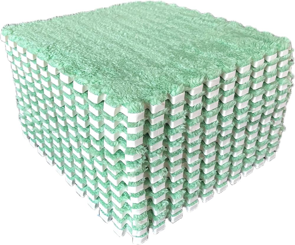 12pcs Tiled Puzzle Play Mats Interlocking Shaggy Soft EVA Foam Mats Protective Floor for Children Kids Room Home Parlor Bedroom Mint Green