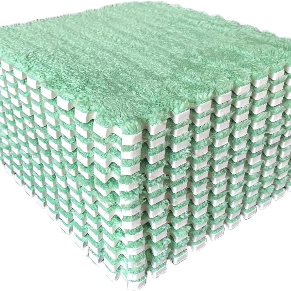 12pcs Tiled Puzzle Play Mats Interlocking Shaggy Soft EVA Foam Mats Protective Floor for Children Kids Room Home Parlor Bedroom Mint Green
