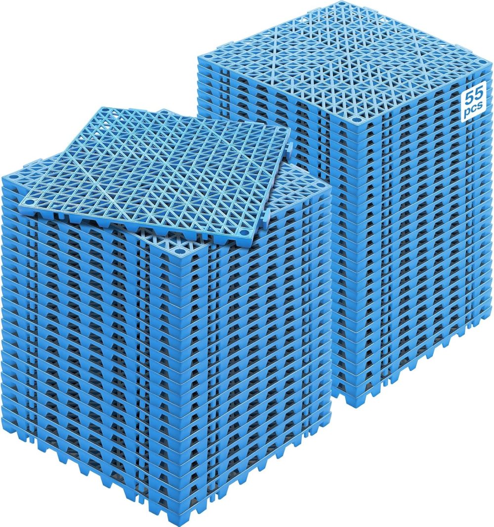 Interlocking Tiles, 55Pcs 12 x 12 in, Soft PVC Drainage Tile Mat, Non Slip & Wear-Resistant Splicing Drainage Mat, Floor Tile Drain Holes for Restroom, Bathroom, Kitchen, Pool, Blue
