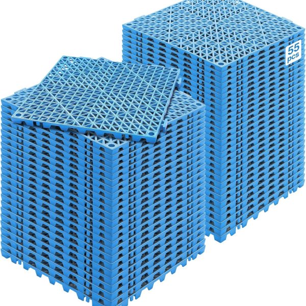 Interlocking Tiles, 55Pcs 12 x 12 in, Soft PVC Drainage Tile Mat, Non Slip & Wear-Resistant Splicing Drainage Mat, Floor Tile Drain Holes for Restroom, Bathroom, Kitchen, Pool, Blue