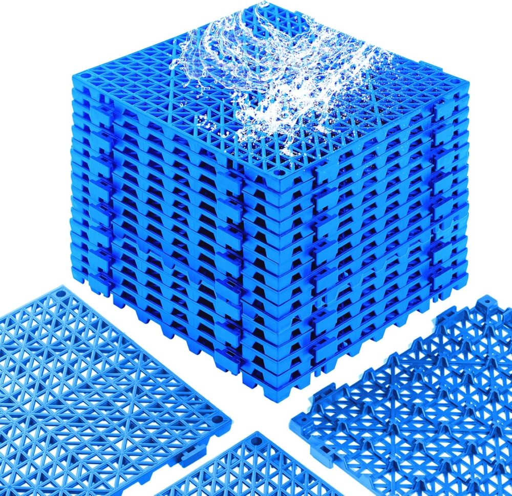 12”x12” Drainage Interlocking Floor Tiles, 12 Pack Non-Slip Pool Deck Drain Tile for Flooring, Soft PVC Splicing Modular Cushion Mats, Blue Rubber Floor Tile with Hole for Shower Basement Garage Shed