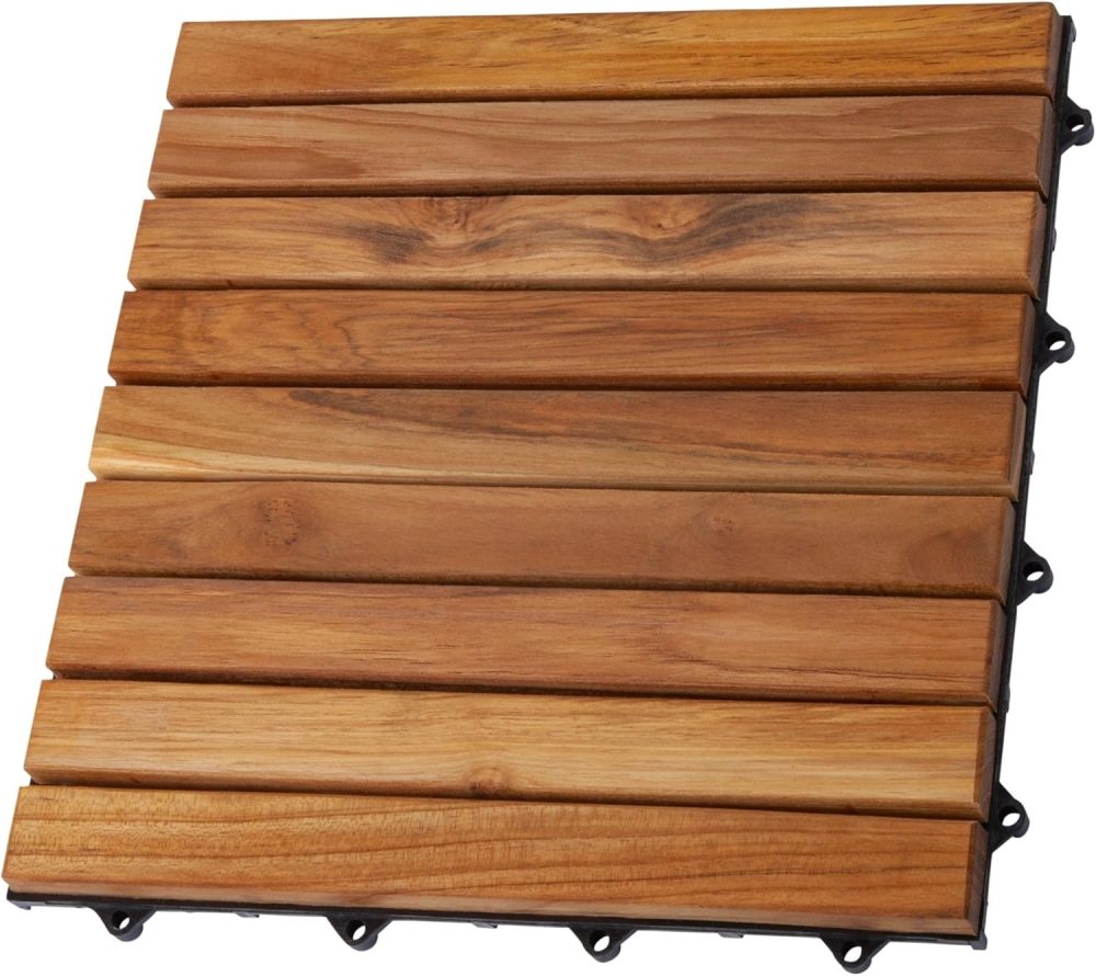 Nordic Style Teak Wood Interlocking Tiles - Wooden Floor Tile Set for Indoor and Outdoor Use - Perfect for Sauna, Patio, Deck, Spa Floors - 10 Square Feet (12" x 12" - 9 Slat Design, Oiled Finish)