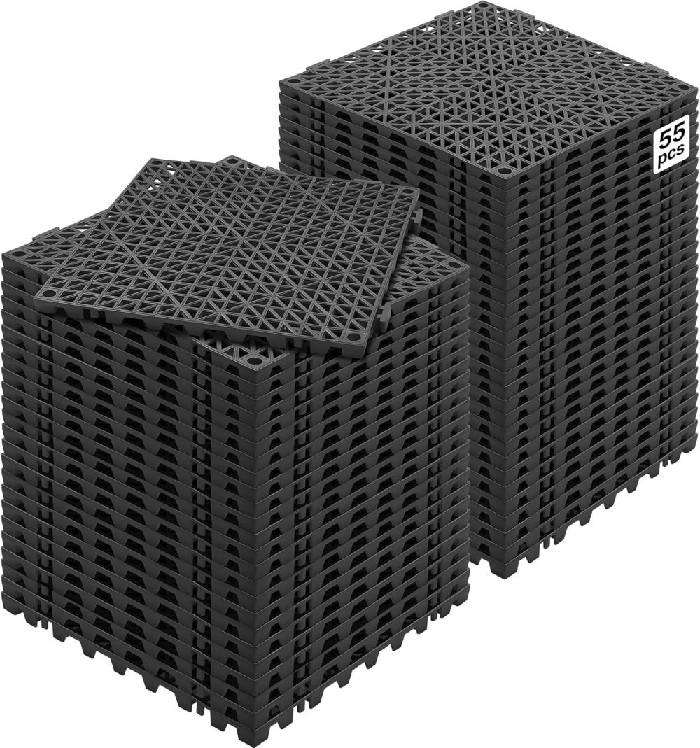 Interlocking Tile 55PCS Black, Drainage Tiles 12" x 12" Splicing, Soft PVC Interlocking Drainage Floor Tiles, Non-Slip Drainage Holes for Restroom, Bathroom, Kitchen, Pool, Wet Areas