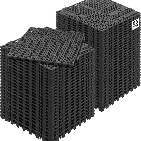 Interlocking Tile 55PCS Black, Drainage Tiles 12" x 12" Splicing, Soft PVC Interlocking Drainage Floor Tiles, Non-Slip Drainage Holes for Restroom, Bathroom, Kitchen, Pool, Wet Areas
