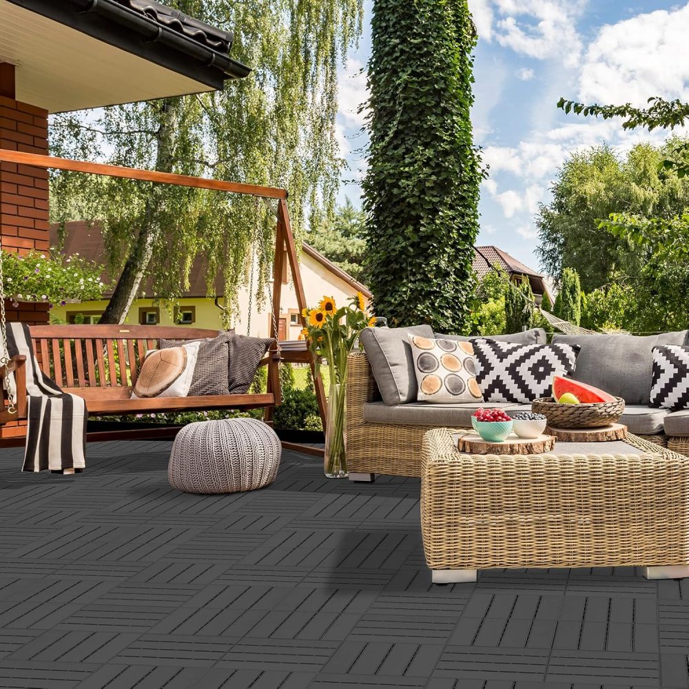 Plastic Interlocking Deck Tiles, 9 Pack , 12"x12" Waterproof Outdoor Flooring All Weather Use, Patio Floor Decking Tiles for Porch Poolside Balcony Backyard, Dark Grey - Image 2
