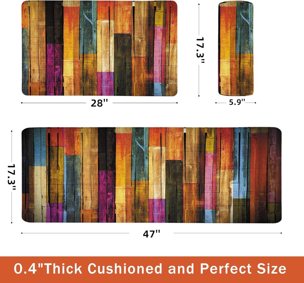 Kitchen Mats for Floor Colorful kitchen rugs Cool Wooden Abstract Anti Fatigue Kitchen Mats Waterproof Floor Mats Cushioned Non-Skid Standing Mats for Laundry, Sink, Set of 2,17.3 x 28+17.3 x 47 Inch - Image 2