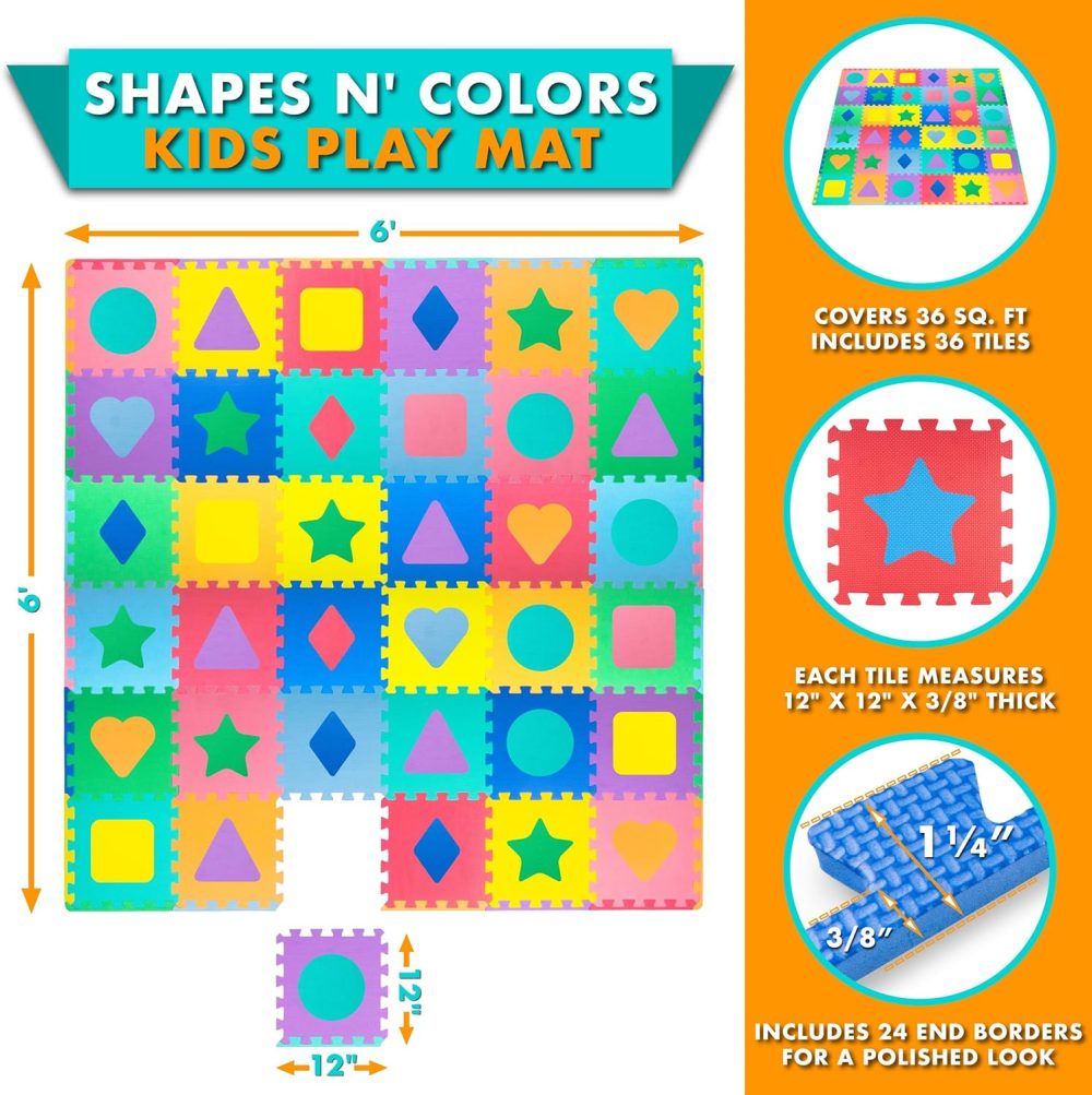 Kids Puzzle Alphabet & Numbers & Shapes Foam Play Mat 36 Tiles, 12"x12" and 24 Borders - Image 2
