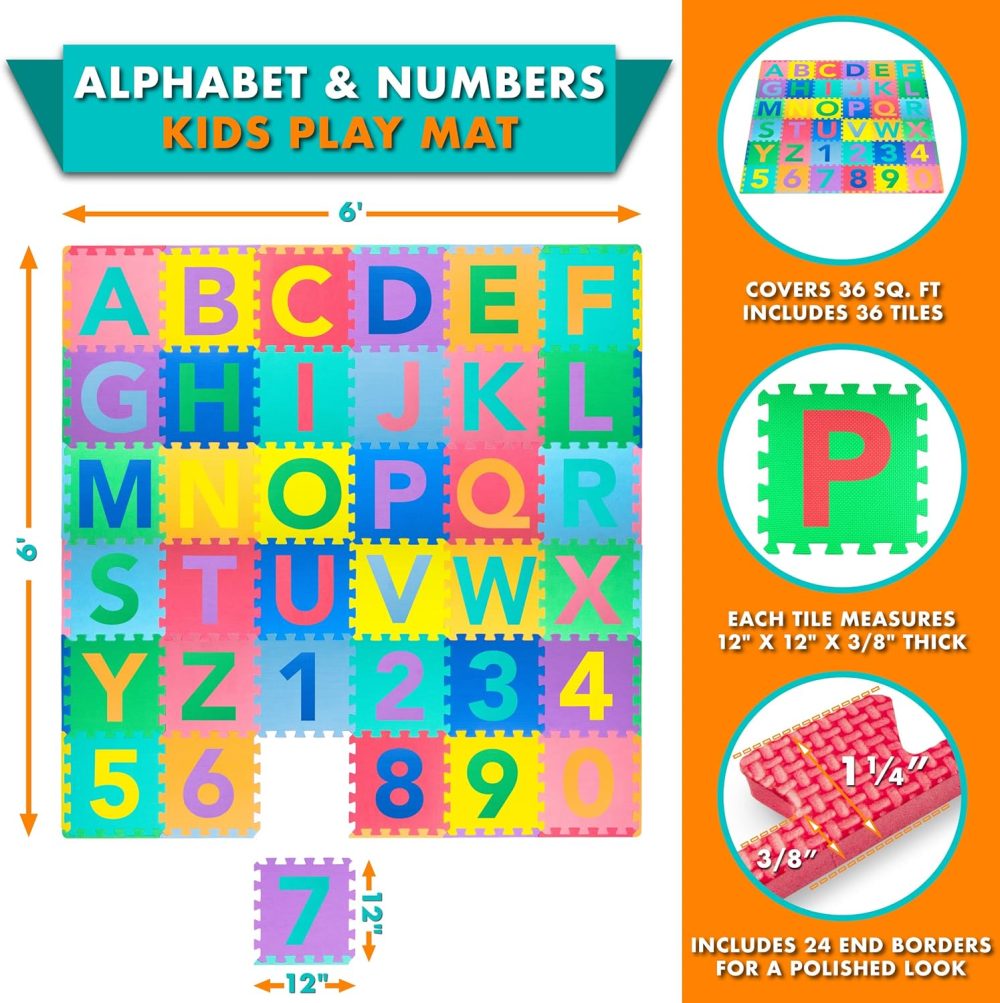 Kids Puzzle Alphabet & Numbers & Shapes Foam Play Mat 36 Tiles, 12"x12" and 24 Borders - Image 2