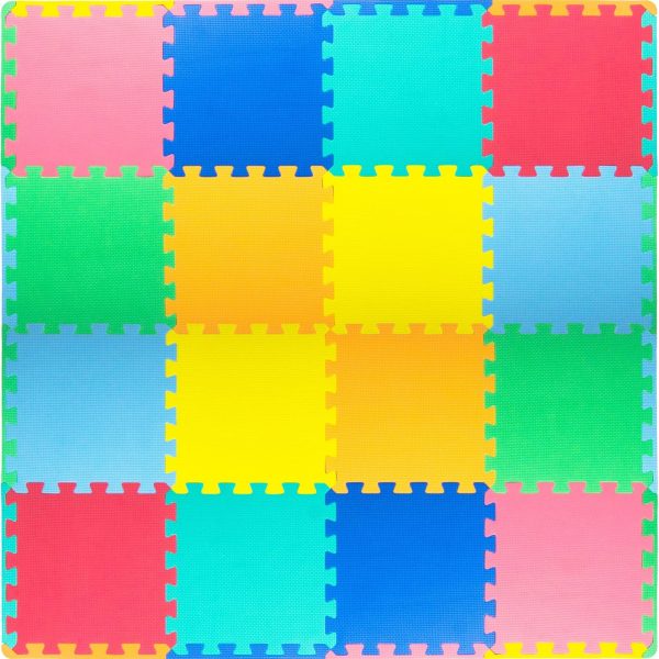 Foam Puzzle Floor Play Mat for Kids and Babies with Solid Colors, 36 or 16 Interlocking Tiles with Borders, Assorted