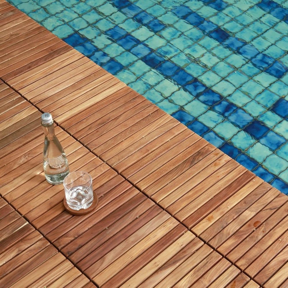 Nordic Style Teak Wood Interlocking Tiles - Wooden Floor Tile Set for Indoor and Outdoor Use - Perfect for Sauna, Patio, Deck, Spa Floors - 10 Square Feet (12" x 12" - 9 Slat Design, Oiled Finish) - Image 2